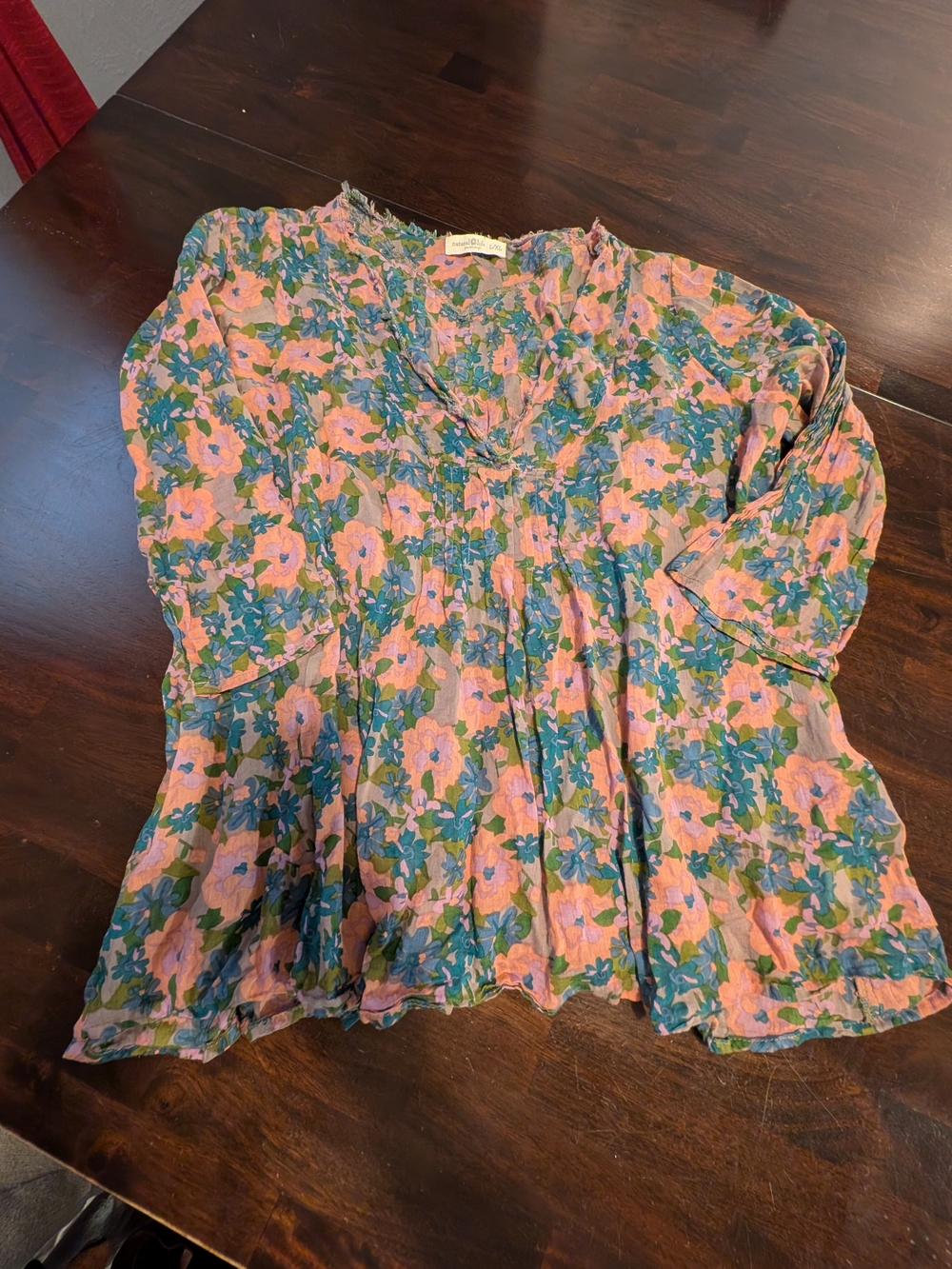 NATURAL LIFE Floral V-Neck Lightweight Flowy Peasant Tunic, Women's L/XL